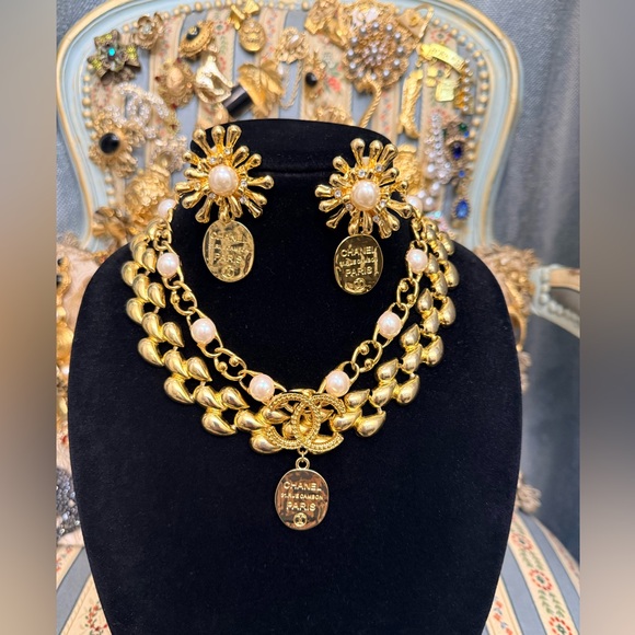Napier Gold Pearl Multi-Row Statement Necklace & Earrings Set